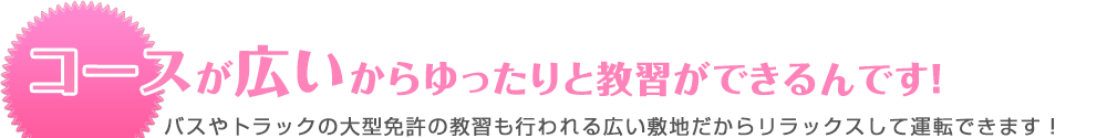 コースが広いからゆったりと教習ができるんです！ バスやトラックの大型免許の教習も行われる広い敷地だからリラックスして運転できます！